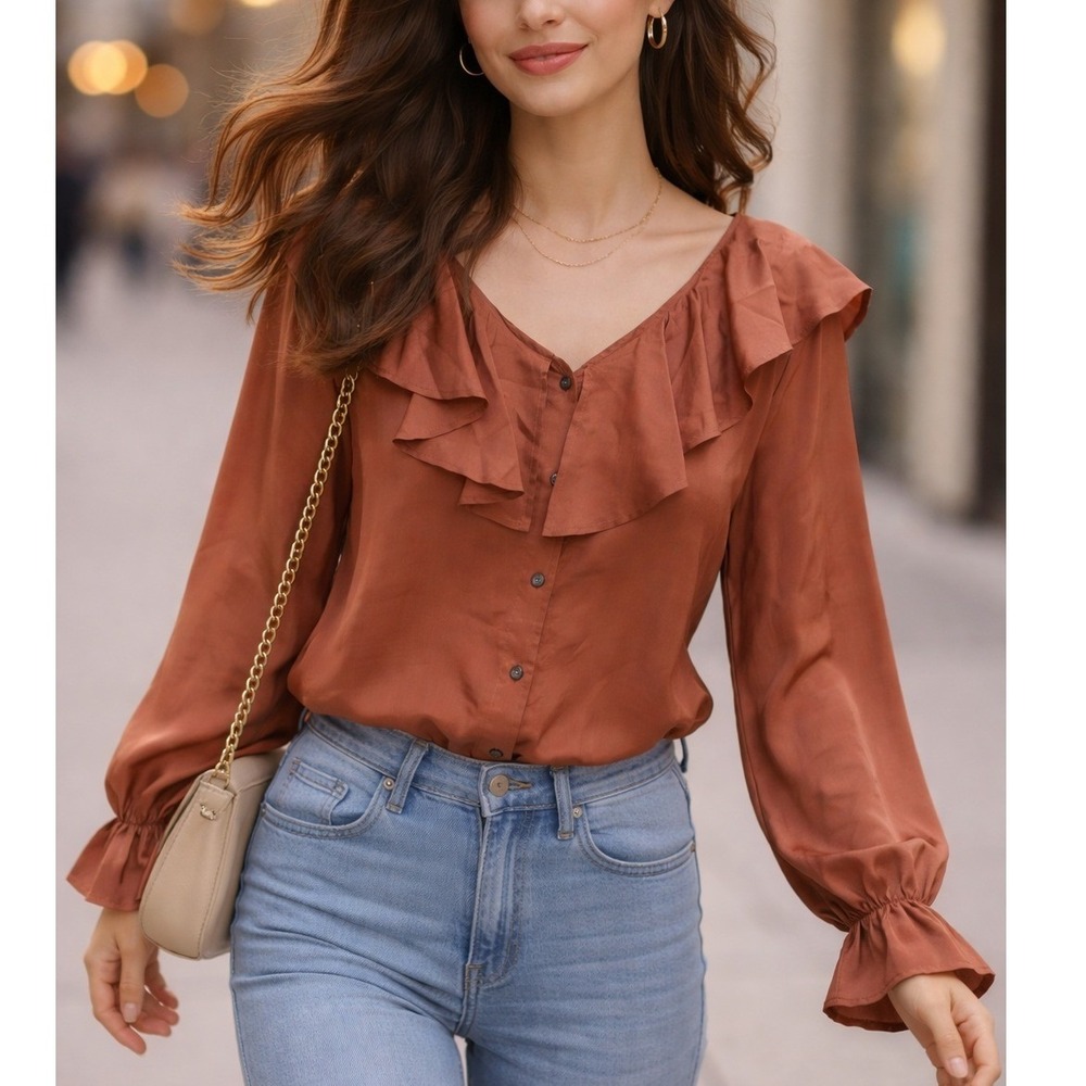 Adrian Jordan Blouse Women 22/24 Brown Silk Ruffle V-Neck Long Sleeve Button